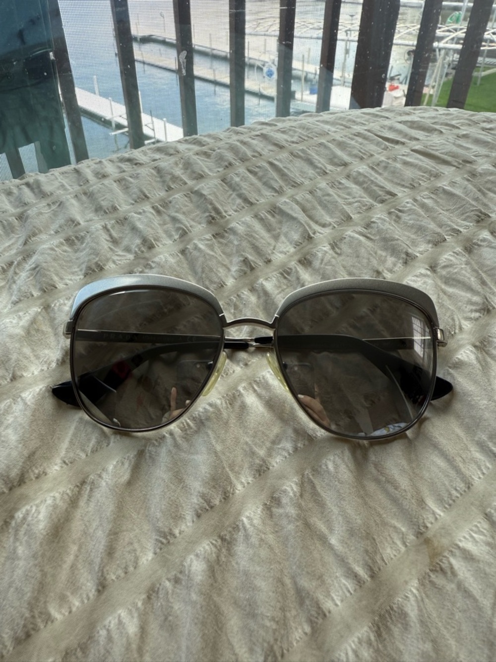 Prada Women's Silver-Tone Oversized Sunglasses with Dark Gray Lenses